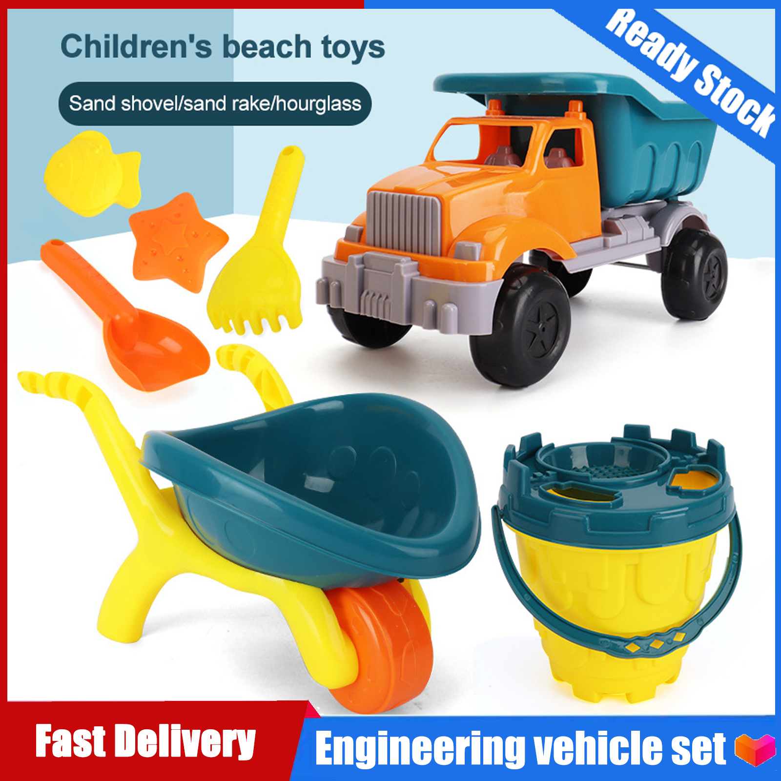 Set of 6 Trolley/Truck/Bucket Beach Toy for Sand Play Set with Cart Watering Can Rake Shovel and 2 Mini Molds for Kids