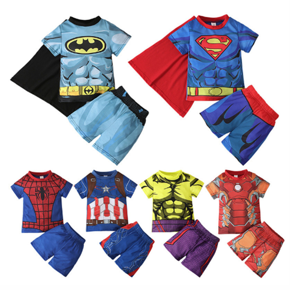 Summer Kids Boys Clothing Set Superhero Supermans Spiderman Ironman Bat-man Holk Captain America Print T-shirts + Short Pants Children Clothes Suits Sleepwear For Boy High Quality Age 1-8 Years