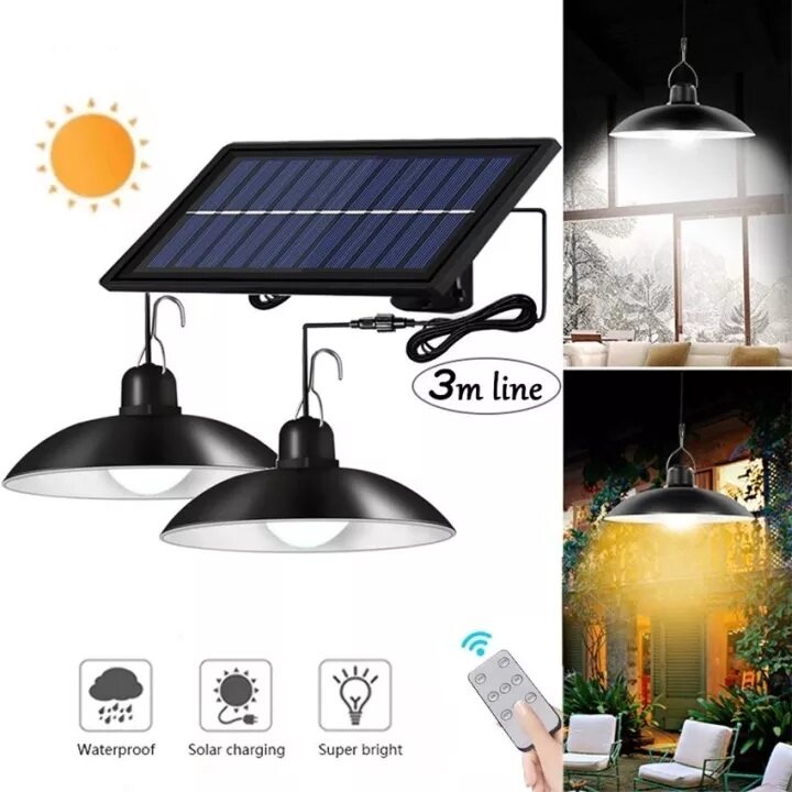 【Kkmaoyi】 Led Lampu Solar Pendant Light Outdoor Waterproof Garden Lights Double Headed Hanging Solar Panel Light Bulb Indoor House Ceiling Lamp with Remote Control 3M Cable for Yard Gate Camping Stree