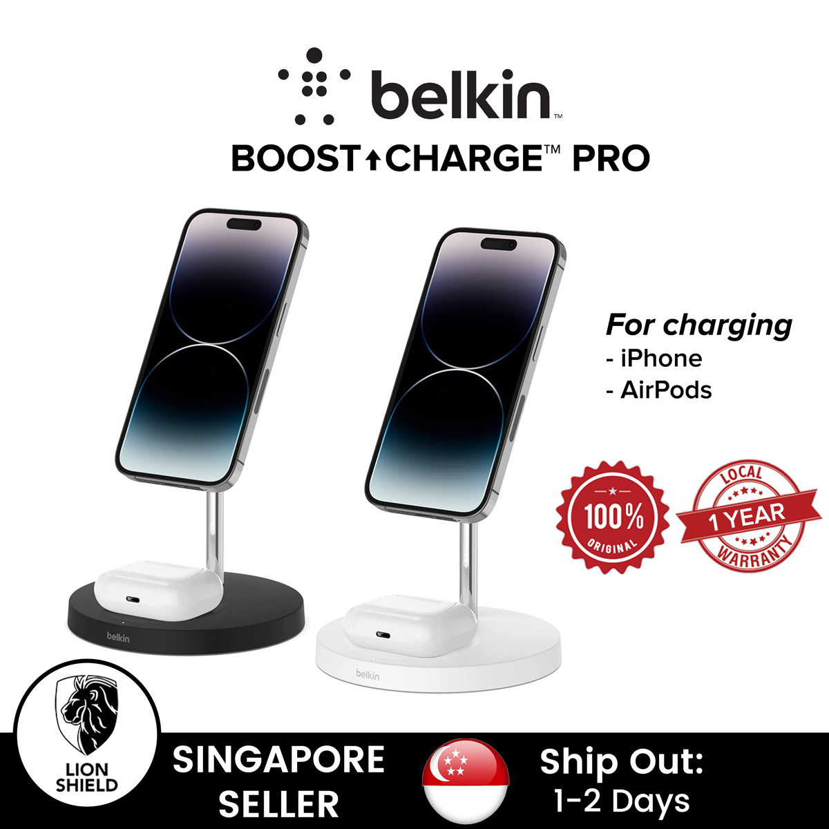 [SG] Belkin BOOST UP CHARGE PRO 2-in-1 Wireless Charger Stand with MAGnetic Safe – For iPhone and AirPods