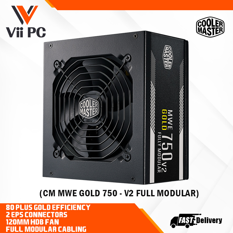 Cooler Master MWE 750 Gold V2 PSU, 80 Plus Gold, 90% Efficiency, DC-to-DC + LLC, Dual EPS Connectors, Fully Modular Flat Cables, 120mm HDB Fan