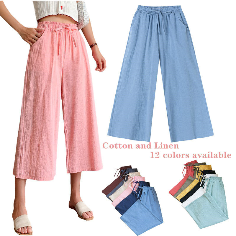 2021 Summer Women Casual Wide-leg Pants Women's Plus Size Loose Cotton Linen Nine-Point Straight Trousers Ladies Home Wear Pants Solid Color Office Work With Pocket Pants Korean