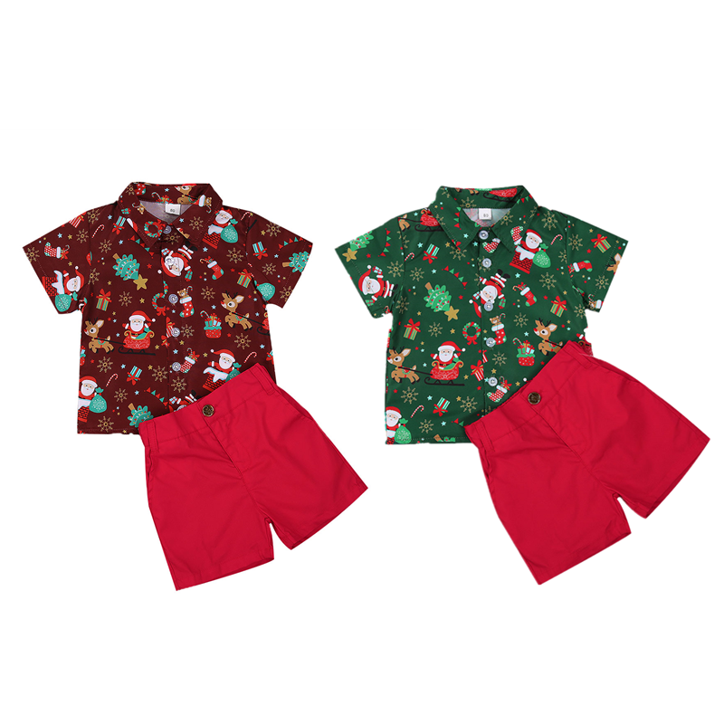 Christmas Children Kids Boy 2Pcs Suit Top+ Short Pants Polo Neck Clothes Set Oufit