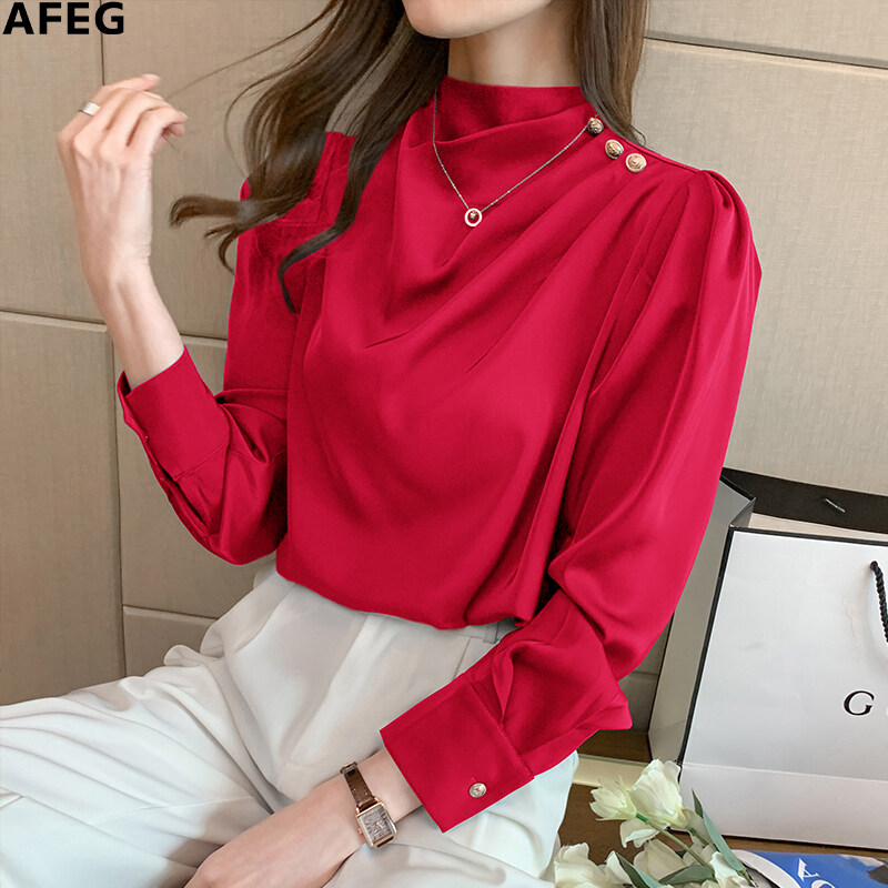 AFEG new Korean fashion all-match temperament satin long-sleeved blouse for women