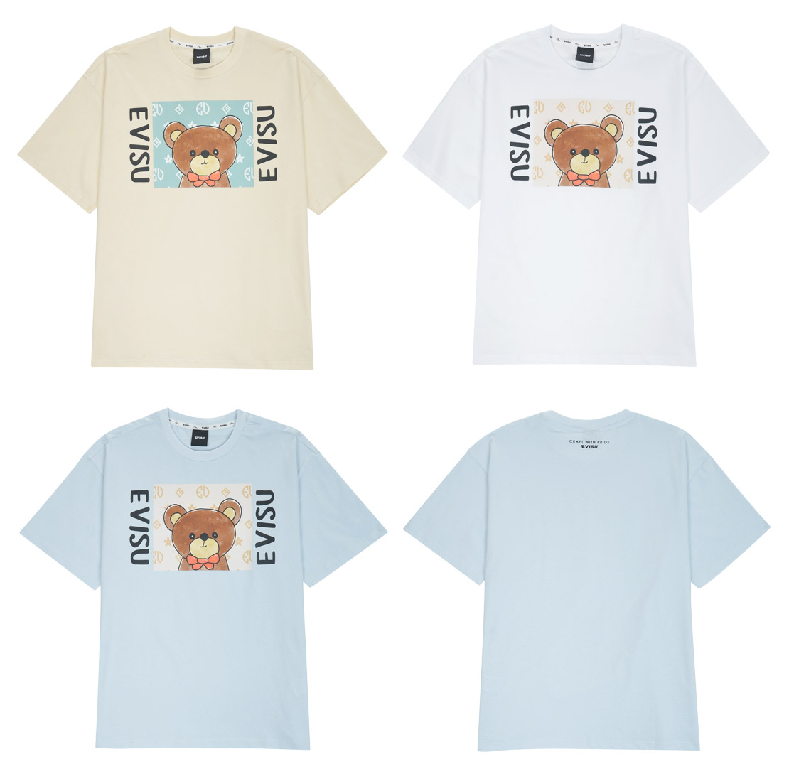 [EVISU KOREA] Overfit Digital Print Teddy Bear Short-sleeve T-shirt Casual Men Women Tee Couple Tops  Cotton Street Style Korean Fashion