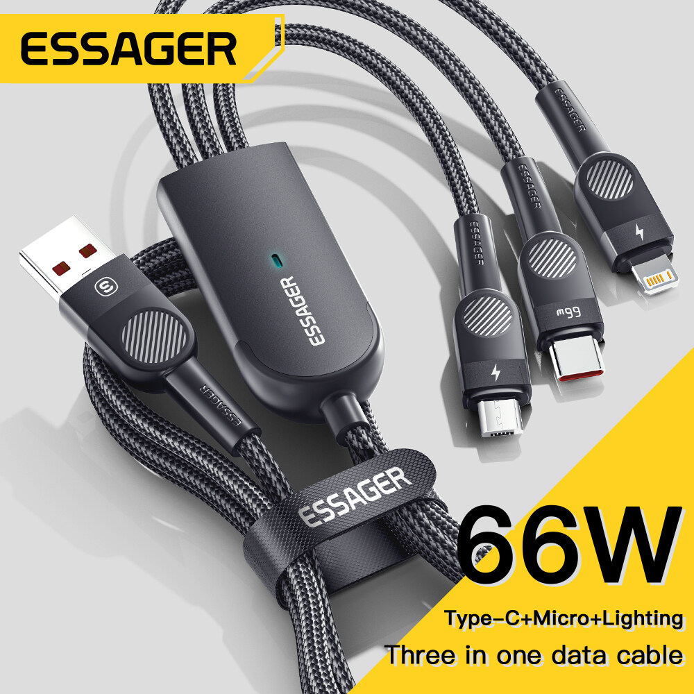 Essager 3 in 1 Fast Charging Cable 66w Multi Charging Cable for iPhone 13 12 Pro Max Charging with Lightning / USB C / Micro Port Nylon Braided Data Cable