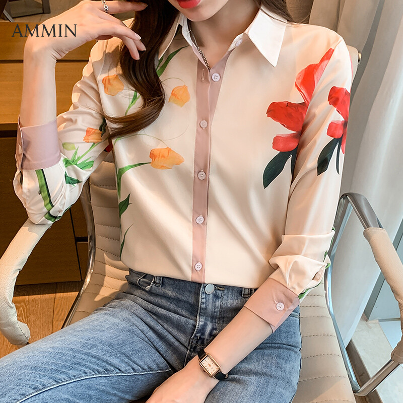 AMMIN Tops Korean retro floral print button cardigan elegant chiffon shirt women's new 2021 long-sleeved fashion lapel collar contrast stitching loose casual all-match blouse