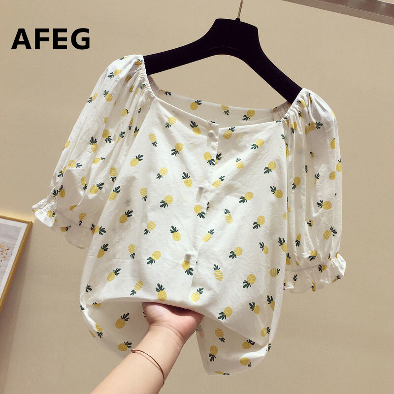 AFEG new Korean version of the word neck fashion loose wild floral short-sleeved blouse for women
