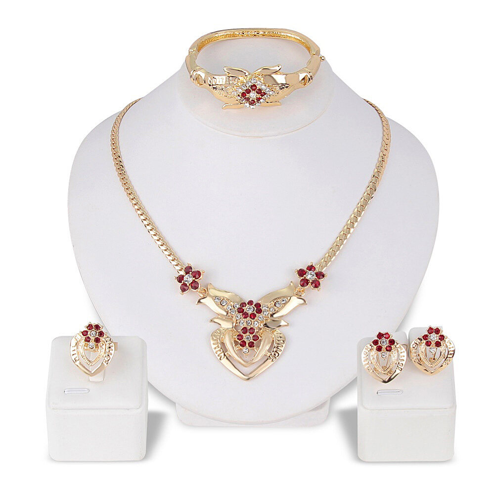 Rhinestone Heart Flower Necklace Stud Earrings Ring Bracelet Women Jewelry Set