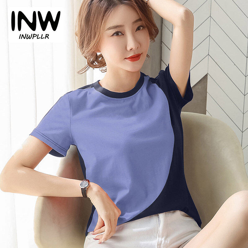 INWPLLR Fashion T-shirt Women Stitching Tops Tees Summer New O-neck Pathwork Tshirts Korean Short Sleeve Ladies Tshirt Plus Size M-4XL
