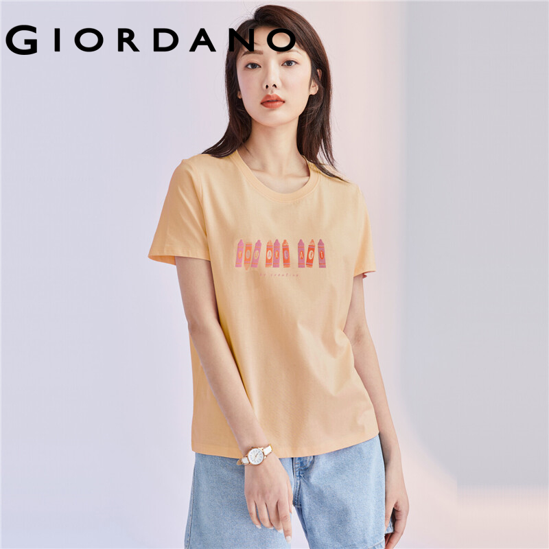 GIORDANO Women T-Shirts Short Sleeves Printed Letter Casual T-Shirts Ribbed Crewneck 100% Cotton Basic Simple T-Shirts 05391211