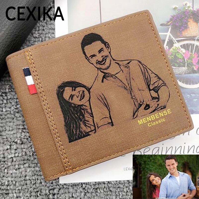 CEXIKA Personalized Men Picture Wallets Custom Photo Engraving Leather Wallet Short Three Bifold Large-capacity Multi-functional Business Wallets Gift for Men Him Husband