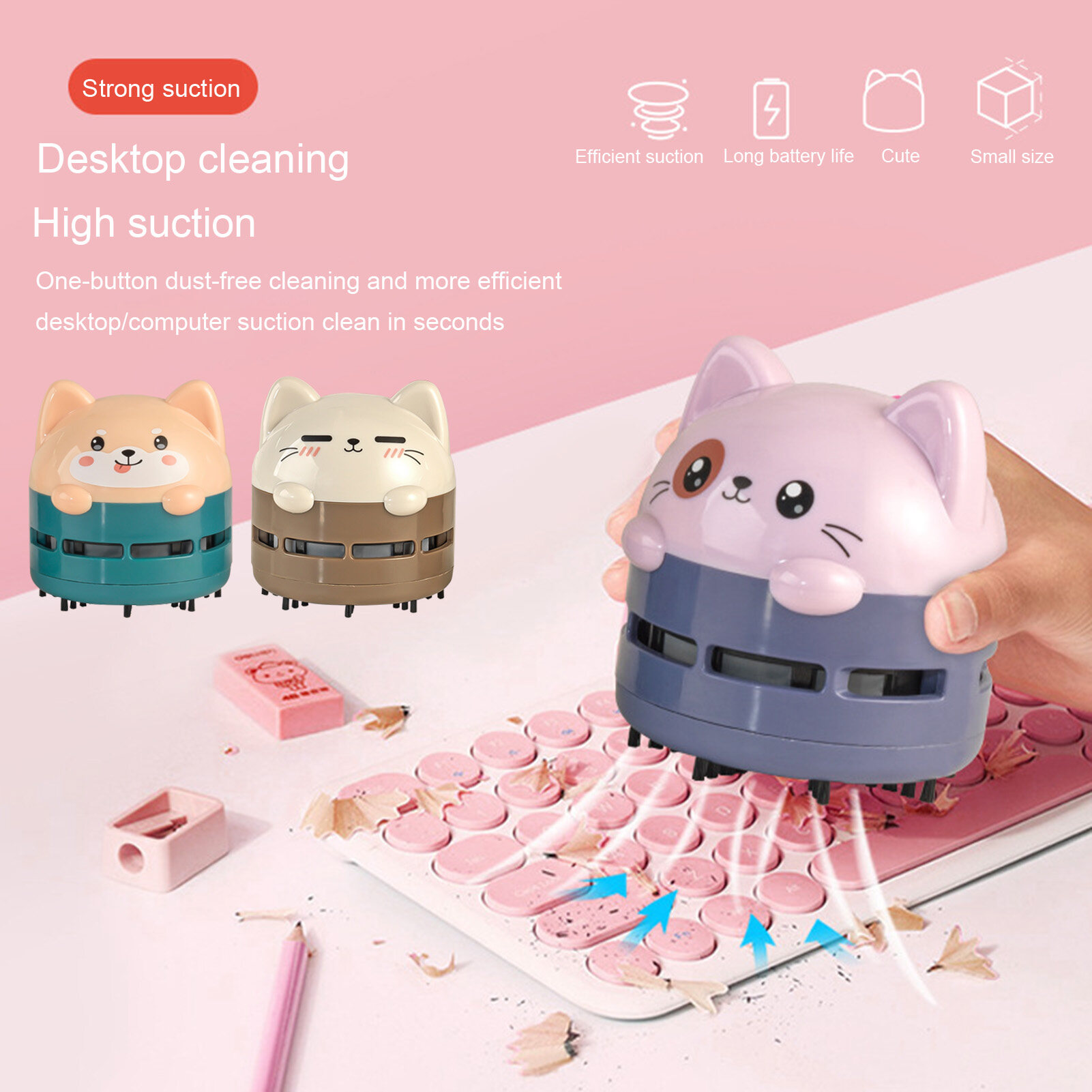 【Ready Stock】Mini Rechargeable Wireless Vacuum Cleaner Cartoon Animal Pattern Dust Remover For PC Laptop Keyboard School Classroom Office Desk Cleaning