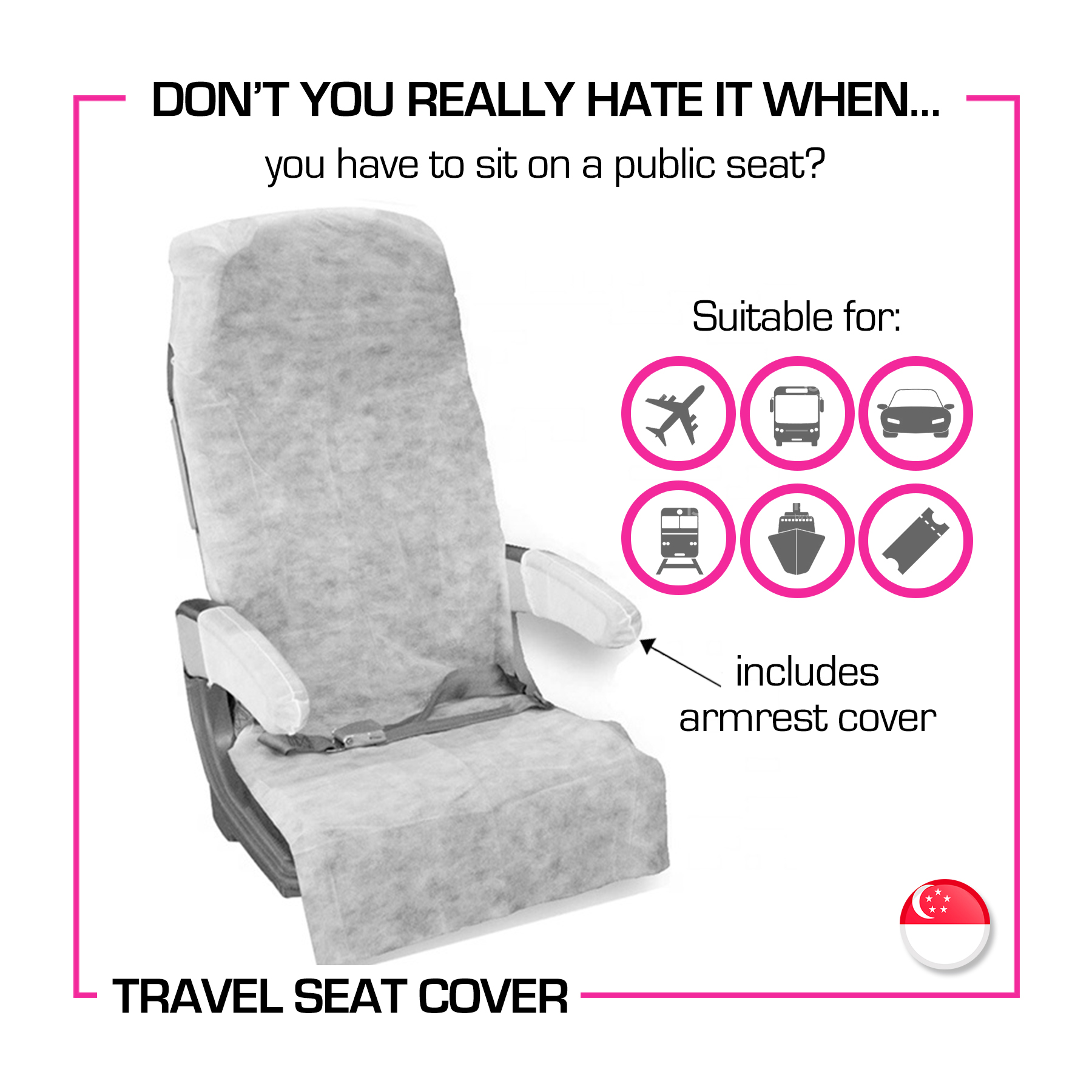 [SG] 2PC Travel Seat Cover, Disposable, Universal fit, Airplane, Coach, Bus, Cinema, Ship, Train, Car, Plane Hygienic, Protect from Virus, Safety and Protection, Travel Essential, Keep Clean