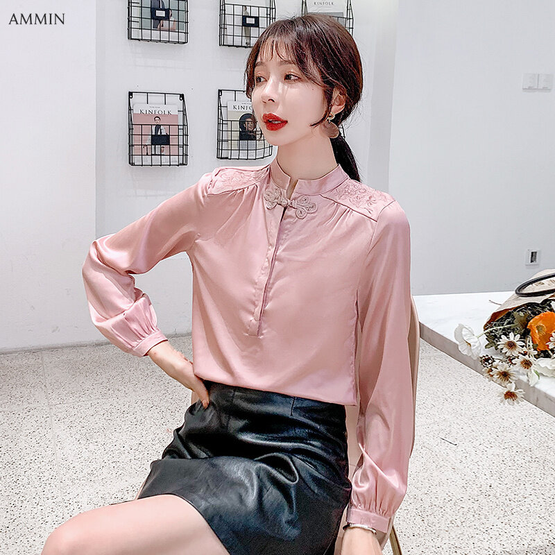 AMMIN Spring large size palace style embroidered western style blouse women Chinese style disc buckle retro gentle style large size long-sleeved silk shirt top 2021