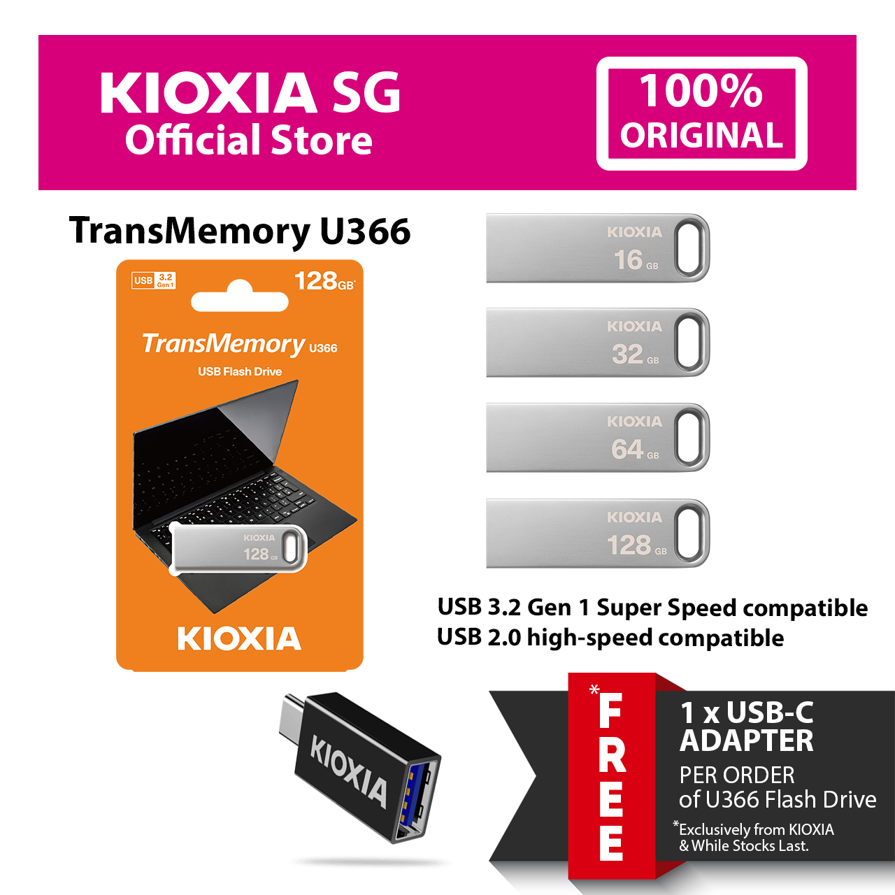 KIOXIA TransMemory U366 USB 3.2 Flash Drive in 16GB | 32GB | 64GB | 128GB Thumbdrive - from JAPAN **FREE USB-C Adapter Per Order**