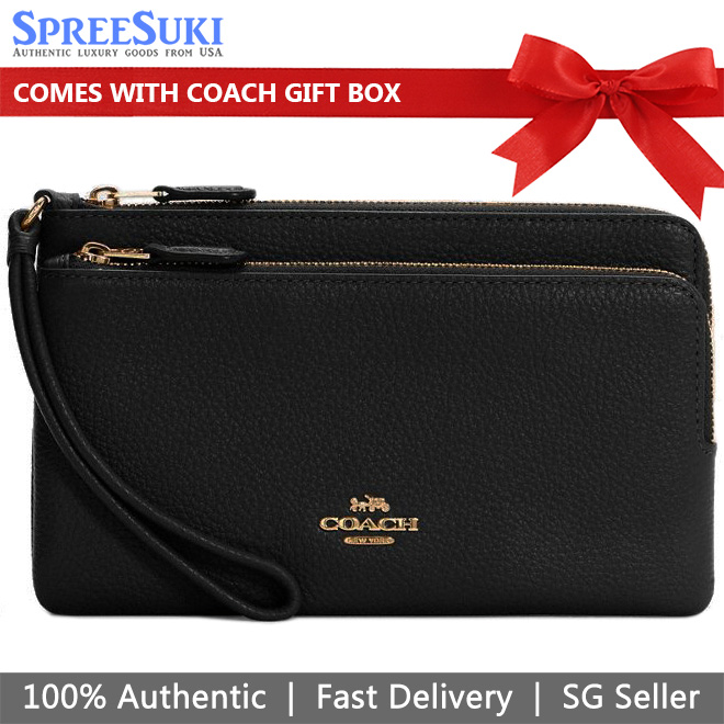 Coach Wristlet In Gift Box Large Wristlet Pebbled Leather Double Zip Wallet Black # C5610