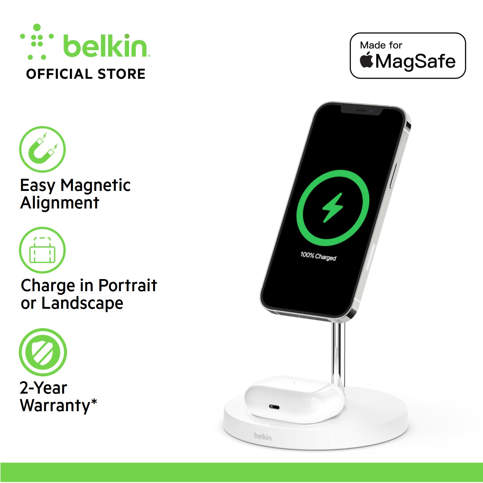 Belkin WIZ010my BoostCharge PRO 2-in-1 Wireless Charger Stand with MagSafe 15W and Power Adapter (iPhone 14/13/12)