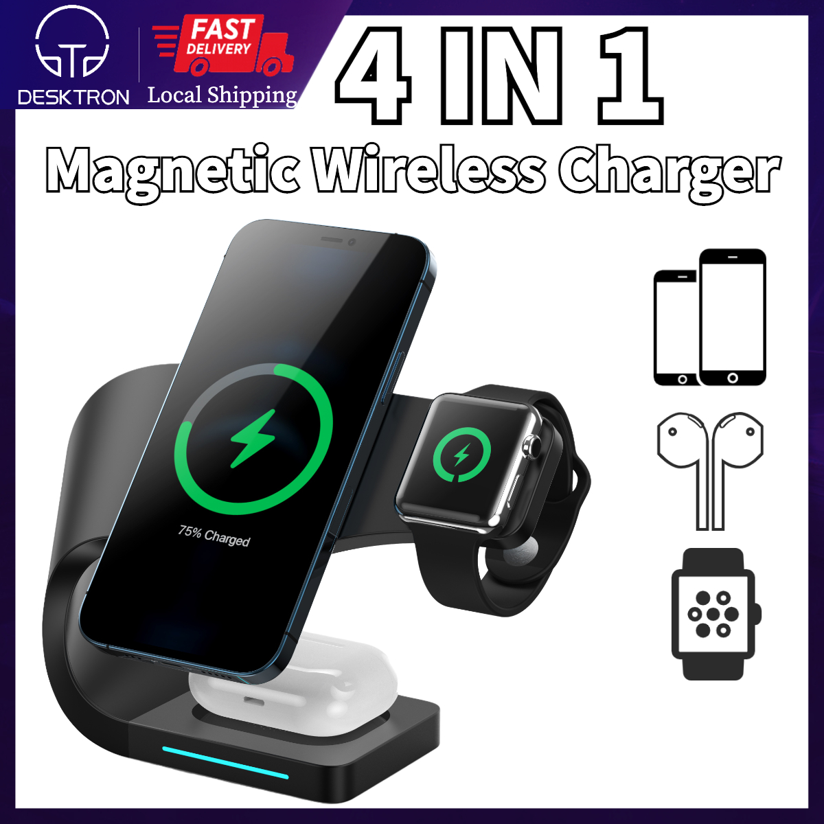 DESKTRON 4-IN-1 Magnetic Wireless Charger, 15W QI Fast Charge iPhone Wireless Charging Dock with Magsafe Magnetic Function Home/Office Desk Organizer for For iPHONE 12 13 Airpods iWatch | SG LOCAL STO