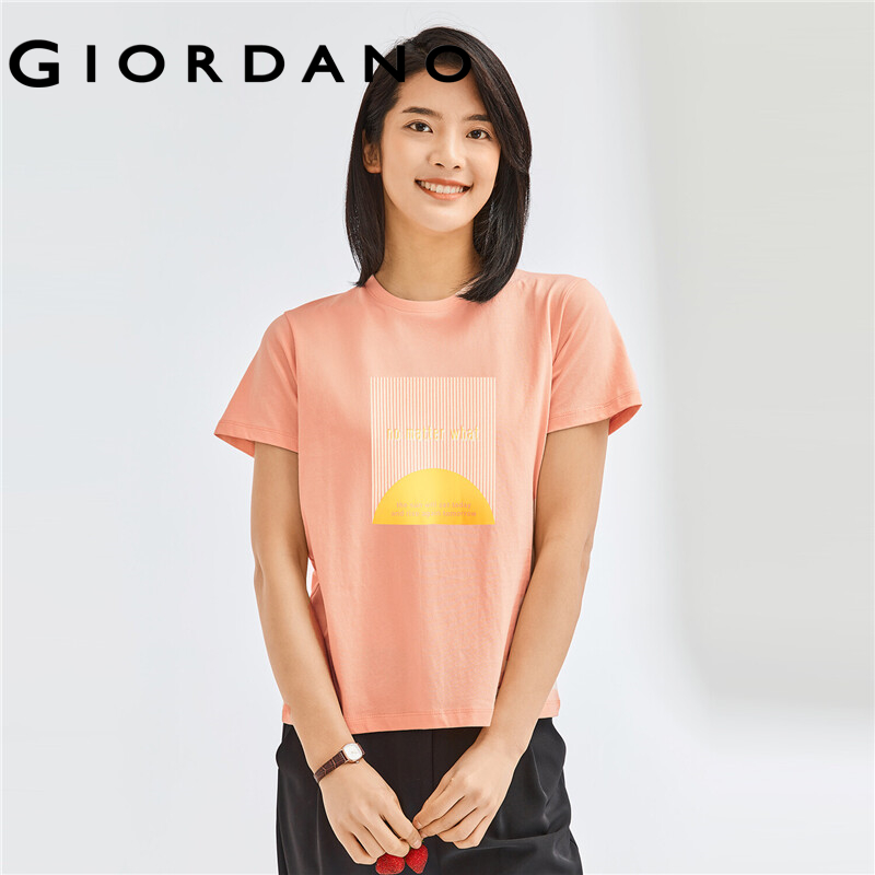 GIORDANO Women T-Shirts 100% Cotton Summer Short Sleeve T-Shirts Letter Print Crewneck Casual Relaxed Simple Basic Tee 05392213