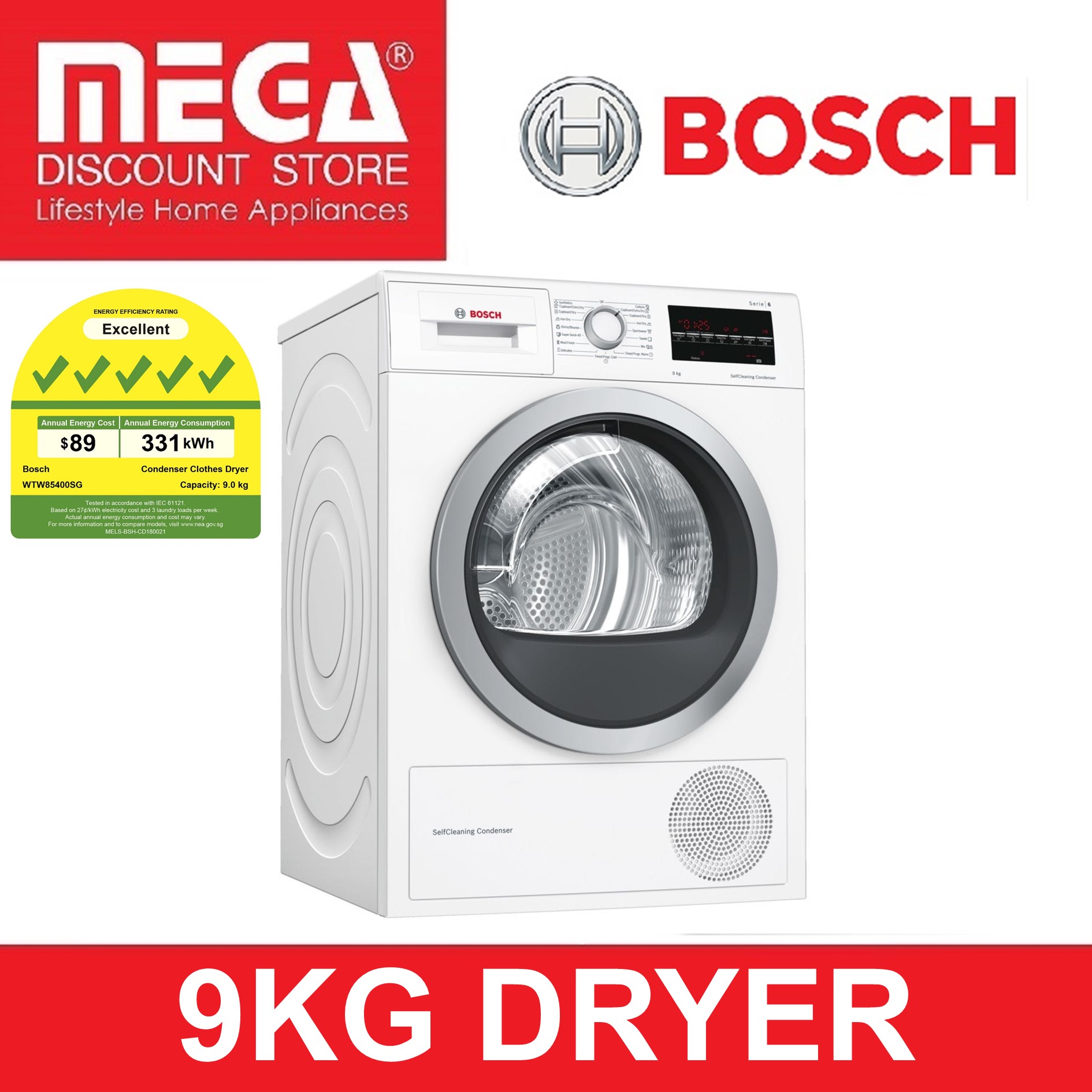 BOSCH WTW85400SG 9KG HEAT PUMP TUMBLE DRYER (5 TICKS)