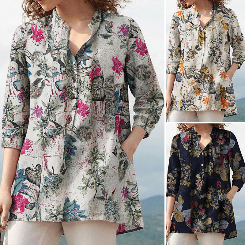 Rulfepy ZANZEA Women Loose Cotton 3/4 Sleeve Long Tunic Tops Holiday V Neck Baggy Floral Printed Tee Shirt Blouse