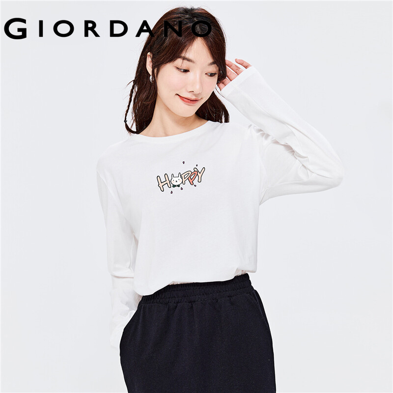 GIORDANO Women ZITA Series T-Shirts Long Sleeve Cute Cartoon Print Casual Tee 100% Cotton Crewneck Simple T-Shirts 99392146