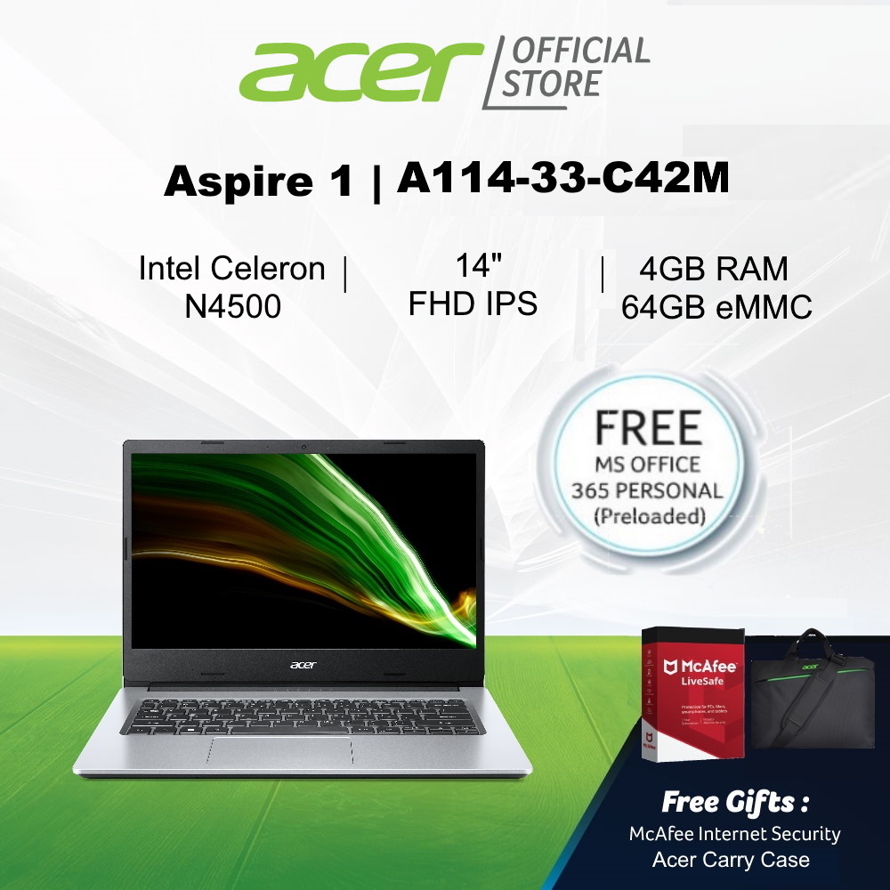 Acer Aspire 1 A114-33-C42M 14" FHD IPS Laptop - Preloaded Microsoft Office 365 Personal