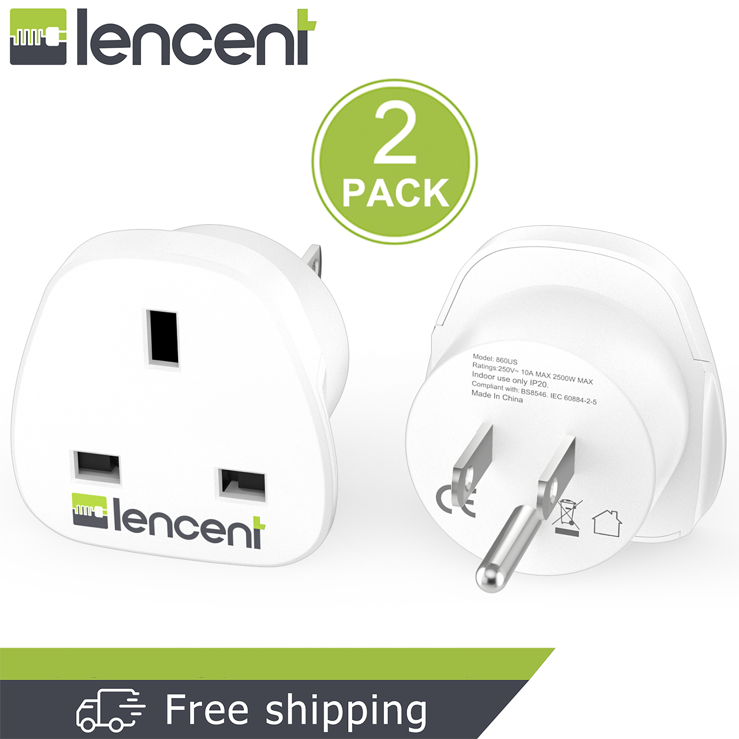 LENCENT 2 X Singapore to USA America Plug Adapter, Grounded American Travel Adapter for United States Mexico Canada Thailand and More (Type B)Charger Converters