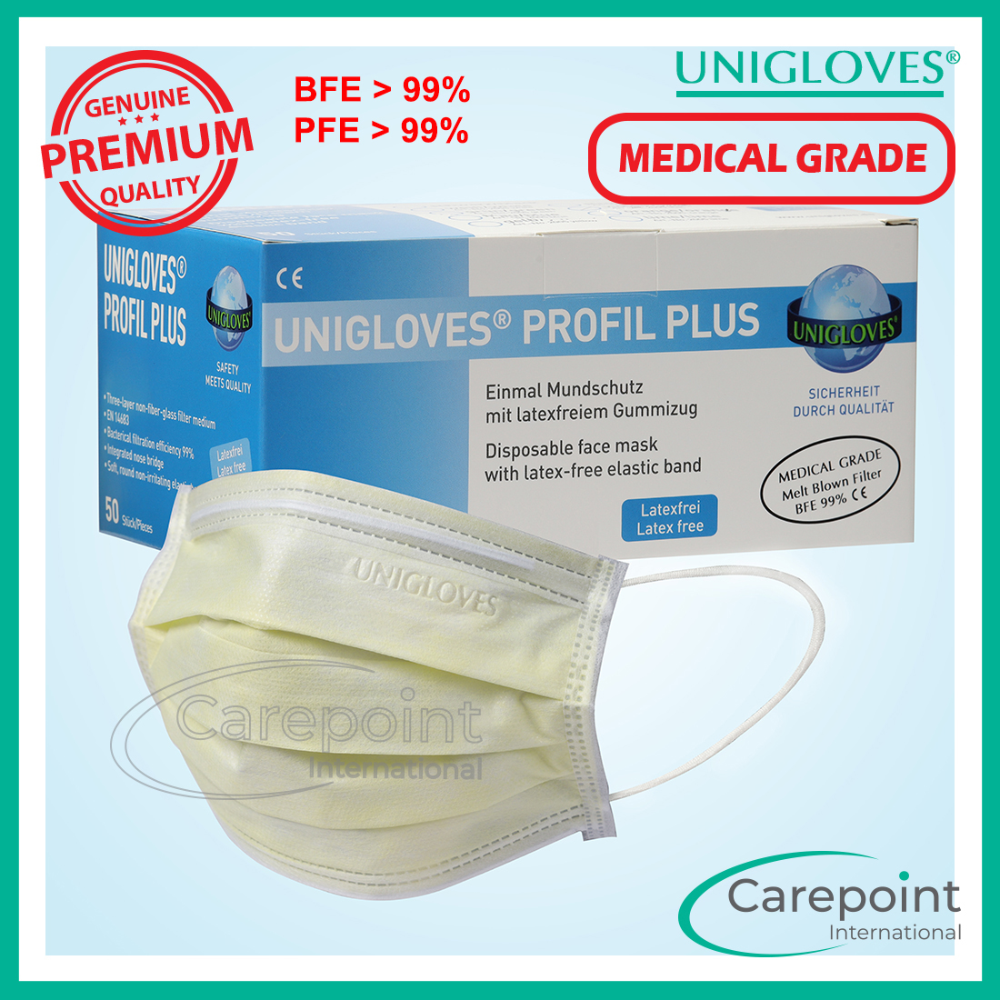 UNIGLOVES 3ply Surgical Face Mask, Earloop - Yellow [Premium Quality Medical Grade] 50pcs/box