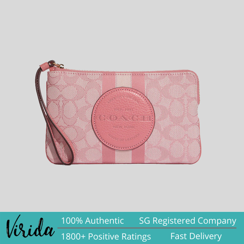 Coach Dempsey Large Corner Zip Wristlet In Signature Jacquard With Stripe And Coach Patch Taffy C8841