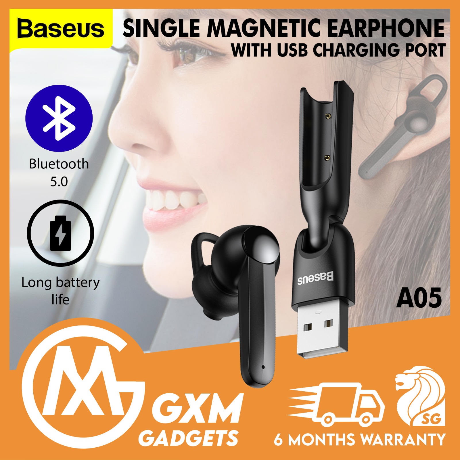 Baseus A05 Earphone Magnetic Charging Single Sided Bluetooth 5.0 Wireless Earpiece Headset Inbuilt Microphone Noise Reduction Long Battery Hours Headset