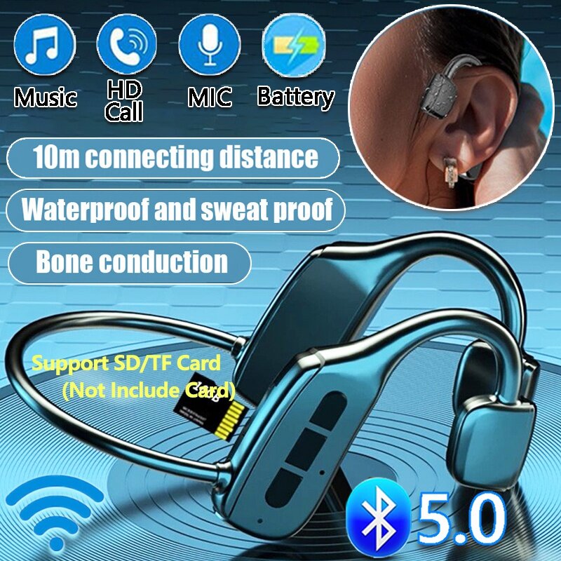 Eshop G2 Bone Conduction Headphones Waterproof Sweatproof Wireless Bluetooth 5.0 Sports Earphone Stereo Painless Ear Hook Running Headset Support SD/TF Memory Card Play Stereo Hifi Music Headphone wit