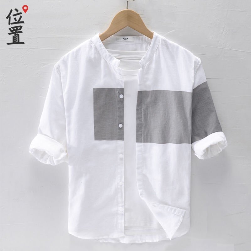Summer Cotton Linen Short Sleeve Shirt Men Color Matching Seven-point Sleeve Shirt Trend Jacket