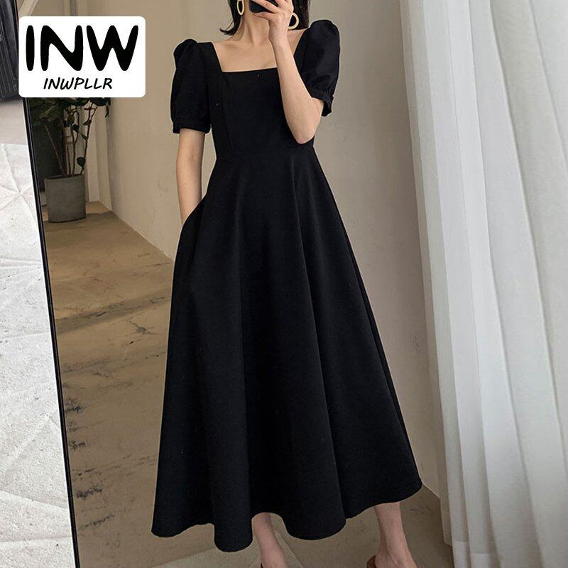 INWPLLR Women's Dress Fashion Plain Dress Elegant Casual Square Collar Short Sleeve Dresses Female Summer Style Long Dress