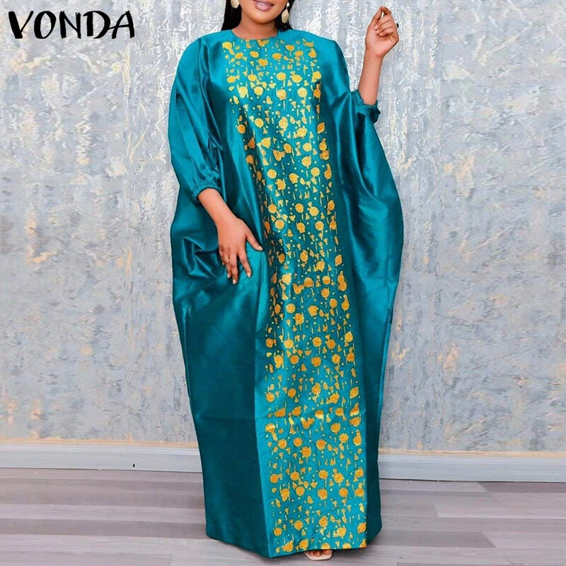 VONDA Women Kaftan Printed Dress Batwing Sleeve O Neck Casual Loose Autumn Maxi Dress (Plus Size)
