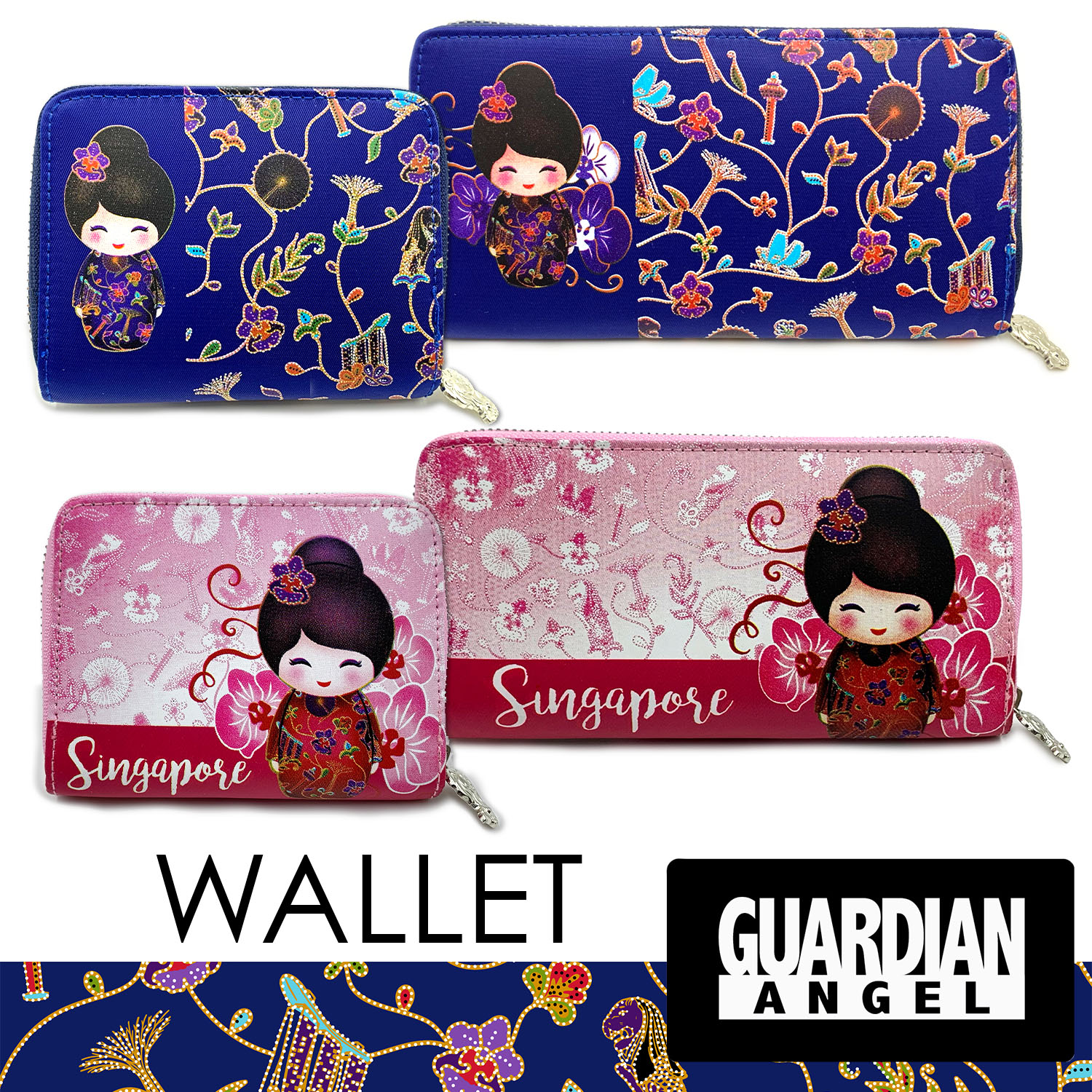 (SG LOCAL Seller) Singapore Batik Girl Zip Wallet Square(Long / Short) Guardian Angel