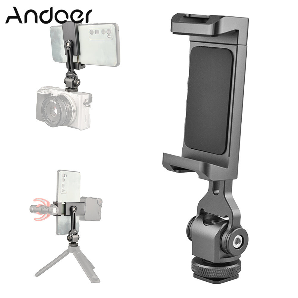 VELEDGE Aluminum Alloy Phone Holder Clamp Phone Tripod Mount 360° Rotatable with Dual Cold Shoe Mounts for Smartphone Vlog Selfie Live Streaming Video Recording