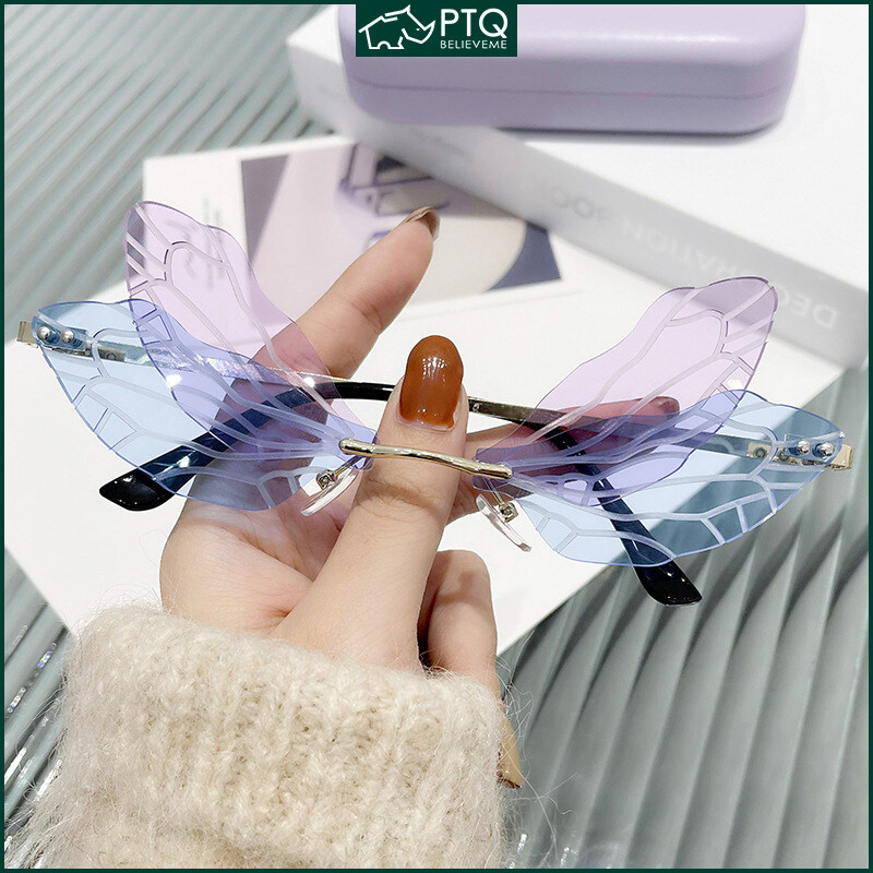 New Personality Frameless Cut Edge Sun glasses for Women European and American Style Funny Prom Shades for Women Ladies Dragonfly Wings Sun Glasses PTQ