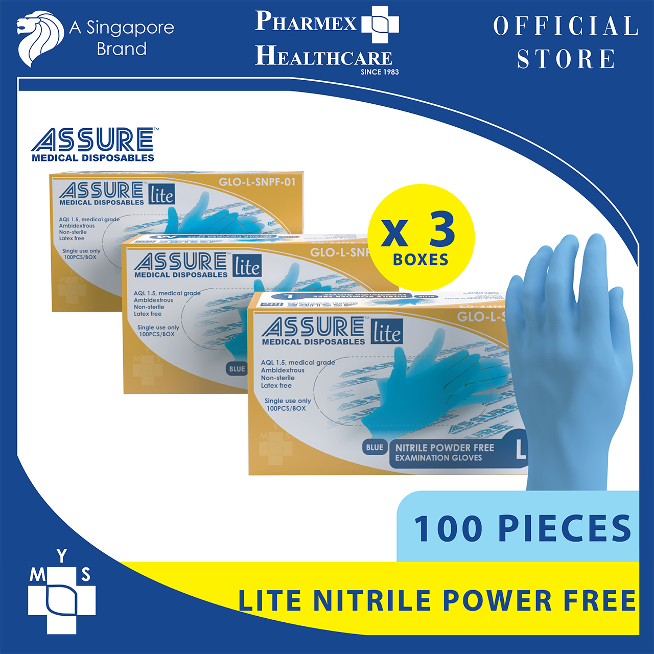 [Bundle of 3] ASSURE Soft Nitrile Gloves Lite Powder-Free Blue 100 Pce/Box