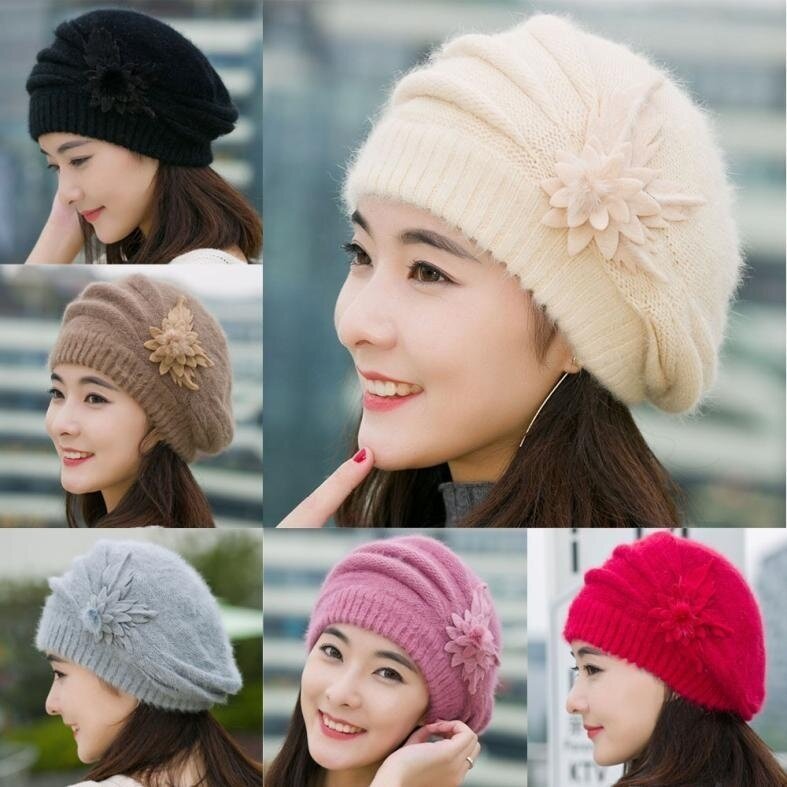 Pick Me Up Shop Women Vintage Winter Warm Stunning Flower Knit Crochet Beanie Hat Winter Warm Cap Beret Rabbit Fur Hat Beret Braided Baggy