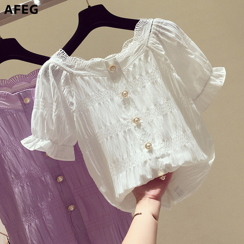 AFEG new Korean women's short-sleeved pure color elegant temperament blouse for women
