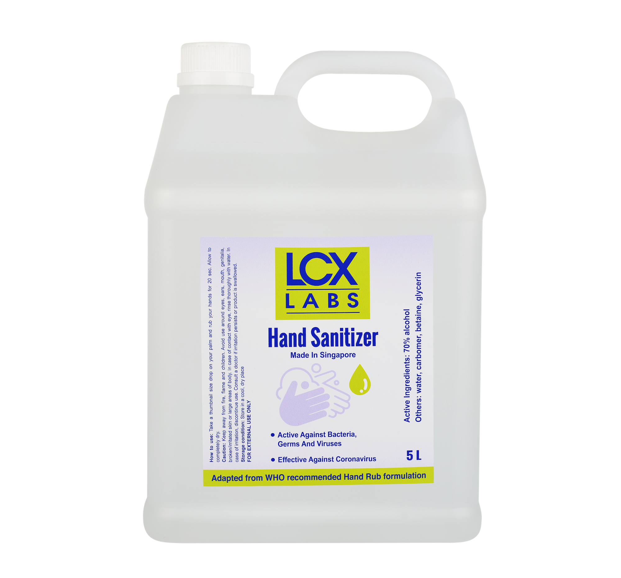 LCX Labs Hand Sanitizer 5L Refill bottle (70% Isopropyl Alcohol) - Adapted from WHO recommended hand rub formulation, Kill the Germs but not your hands, 99.99% antibacterial efficacy *disinfectant* *d