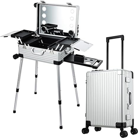 Rolling Makeup Case 22'' Cosmetic Organizer Case on Wheels with Full Screen Lighted Mirror Bluetooth Speaker Make up Artist Free Standing Box Makeup Vanity Station Aluminum Salon Case Silver