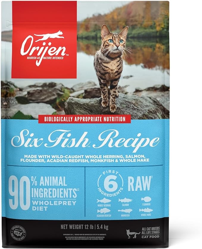 ORIJEN® Dry Cat Food, Grain Free, Premium, High Protein, Fresh & Raw Animal Ingredients, Six Fish, 12lb