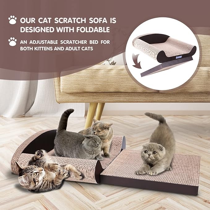 Cat Couch Bed Pad – Cardboard Scratcher – Foldable Cat Sofa for Indoor Cats – Premium Cat Furniture with Catnip – Wear Resistant and Durable Scratching Board