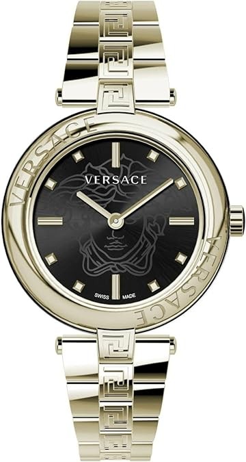 Versace Lady Collection Luxury Womens Watch Timepiece with a Gold Bracelet Featuring a Gold Case and Black Dial