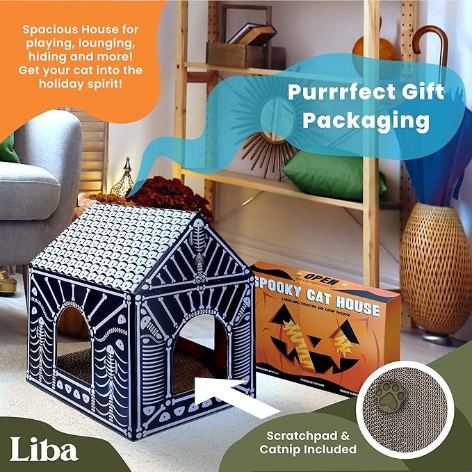 LiBa Cardboard Cat House with Scratch Pad and Catnip, Cat Bed for Indoor Cats, Cat Scratcher, Halloween Decorations Halloween Cat Toys Gifts for Cats Fish Bone Visit the LiBa Store